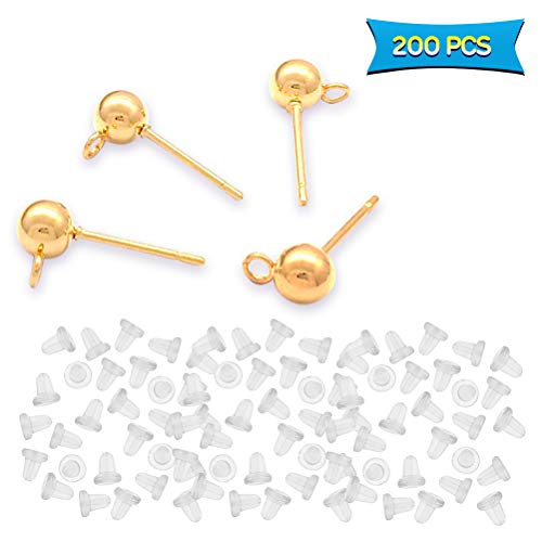 100pcs Ball Post Earring Studs with 100pcs Rubber Earring Safety Backs,Ball Earring Studs Round Earrings Spherical Earrings Hypoallergenic Ear Pins for DIY Jewelry Earring Making(KC Gold)