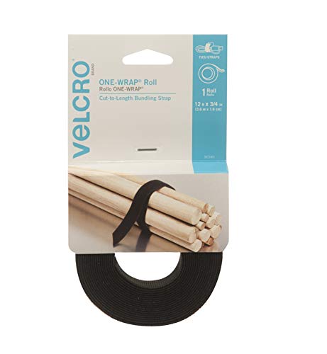 VELCRO Brand - ONE-WRAP Roll, Double-Sided, Self Gripping Multi-Purpose Hook and Loop Tape, Reusable, 12' x 3/4" Roll - Black