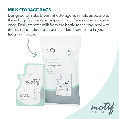 Motif Medical, Milk Storage Bags, 8 oz Milk Freezer Bag with Easy Pour Spout, BPA Free, Write-On Label - 40 Count