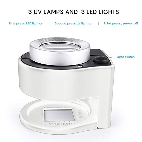 30X Loupe Magnifier with 6 Light,Desktop Portable Metal Magnifier Folding Scale Sewing Magnifing Glass for Textile Optical Jewelry Tool Coins Currency (White)