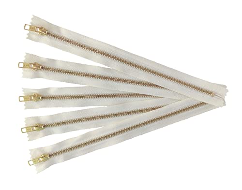 YKK Golden Brass Metal Zippers in Vanilla/Cream/Offwhite - #5 Closed-end Zippers - 14 Inch - Set of 5 Pieces by Craftbot