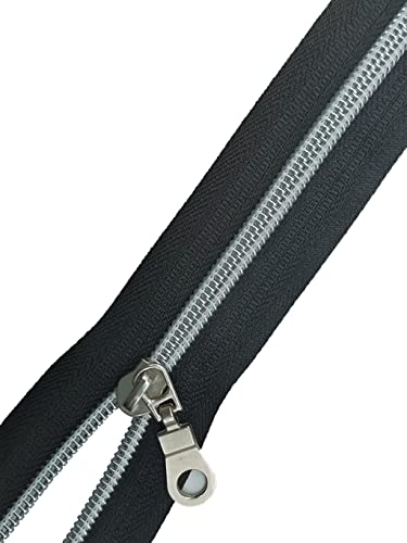 Meikeer 10Yards Bulk Zippers #5 Nylon Coil Zippers by The Yard with 20pcs Zipper Sliders for DIY Sewing Craft Bags(Silver Black)