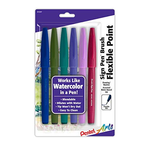Pentel Arts Sign Pen Brush Tip, assorted 3 Pastel Colors, 6-Pk (SES15C2BP6M)