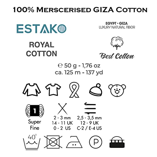 Estako Royal Cotton, (4 Skeins Pack ) 100% Mercerized Giza Cotton Yarn, Soft, Super Fino for Crochet and Knitting (4 x 1.76 Oz ) / ( 4 x 137 Yrds) (5058)