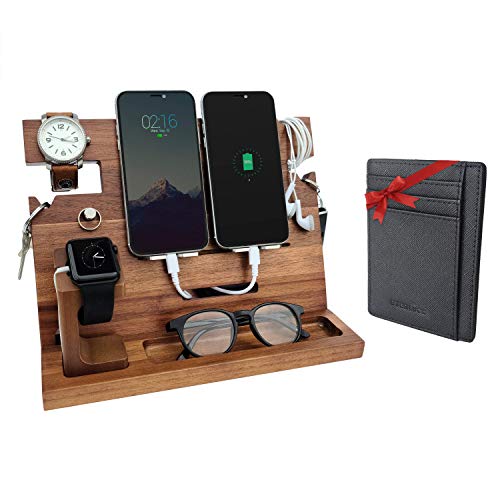 Eterluck Wooden Docking Station Men, Nightstand Organizer Bundle w/ RFID Blocking Leather Wallet - Charging Station, Cell Phone Stand, Tablet Stand, Husband Gifts from Wife, for Dad - Walnut