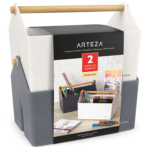 Arteza Plastic Portable Craft Storage Organizer, Pack of 2, Gray and Ivory, 3-Sectioned Plastic Basket with Handle, Caddy Organizer for Art Supplies, 11 x 6.7 x 7.2 inches]