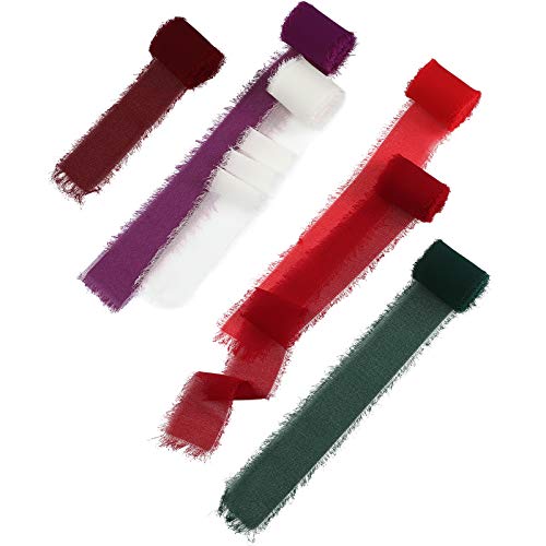 6 Rolls Handmade Fringe Chiffon Silk Ribbon 1.5" x 3 Yd Colorful Ribbon for Wedding Invitations, Bridal Bouquets, Gifts Wrapping, DIY Crafts (Red and Green Set)
