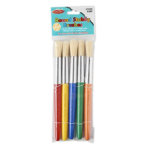 Charles Leonard Creative Arts Round Tip Paint Brushes, Short Stubby Round Handle with Hog Bristle, 7.5 Inch, Assorted Colors, 5-Pack (73205)