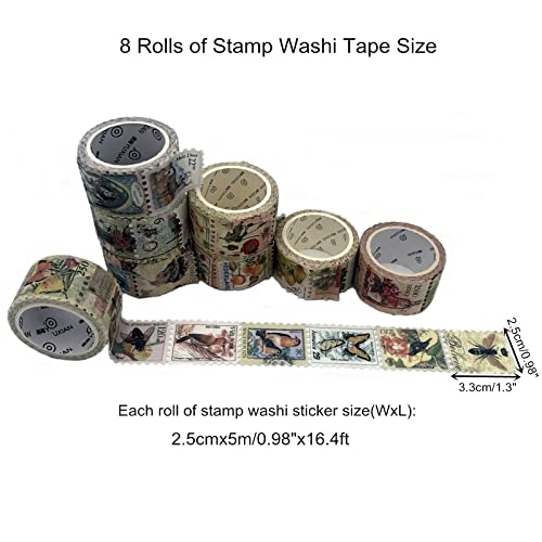 8 Rolls Postage Stamp Washi Tapes Decorative Stamp Stickers for Scrapbooking Kid DIY Arts Crafts Album Junk Journal Planners Calendars and Notebook