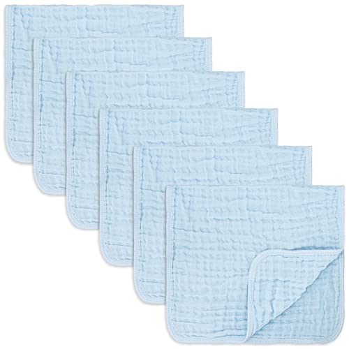 Muslin Burp ClothsLarge 100% Cotton Hand Washcloths 6 Layers Extra Absorbent and Soft by Comfy Cubs (Sky Blue, 6-Pack, 20" X10" )