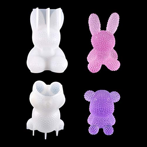 TikooTik 2pcs Bear Resin Molds 3D Rabbit Cute Animal Silicone Casting Mould Small Diamond Crystal Epoxy Molds for Resin DIY Candle, Cake, Soap, Crafts Decorations (Rabbit+Bear)