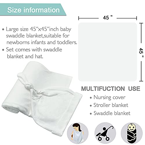 OWLOWLA Swaddle Blanket and Hat Set Newborn Swaddle Wrap Baby Receiving Blanket for Baby Boys Girls(Ivory)