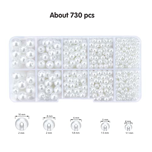 Hapeper 730 Pieces Round White Artificial Pearl Beads with Hole for Jewelry Making, Decoration, Vase Filler