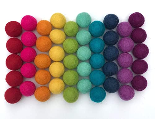 Rainbow Party - 100% Handmade Wool Felt Pom Poms - (50) Pure New Zealand Wool Felt Balls - DIY Pompoms - 0.8-1.0" Size - Drawstring Muslin Bag