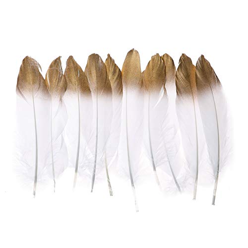 50pcs Dipped Gold & Silver Goose Feathers 6-8 inch Natural Feather for a Variety of Crafts and Apparel (Gold&White)