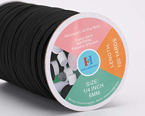 Hollosport Elastic Bands for Sewing 1/4 Inch Black, 100 Yards Thin Flat Braided Quarter Inch Elastic String Cord Rope Strap Ribbon for DIY Face Masks