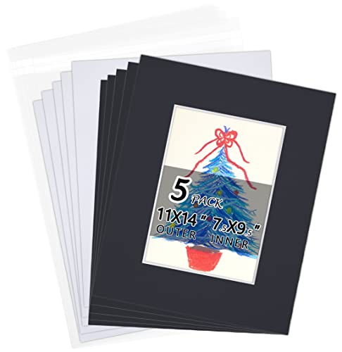 Acid Free 5 Pack 11x14 Pre-Cut Mat Board Show Kit for 8x10 Photos, Prints or Artworks, 5 Core Bevel Cut Matts and 5 Backing Boards and 5 Crystal Plastic Bags, Black