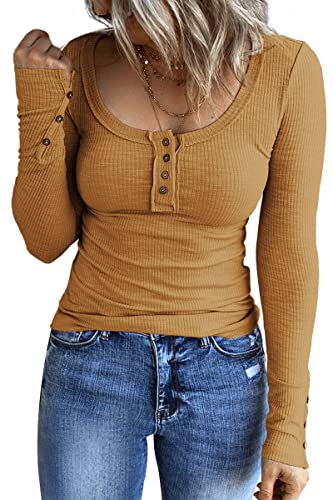 Kissfix Women's Long Sleeve Shirts Casual Fall Henley Top Button Down Blouses Basic Ribbed Knit T Shirts Lightbrown