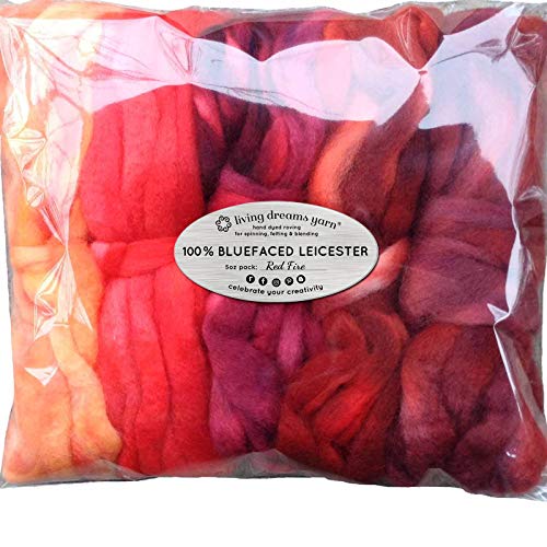 Hand Dyed BFL Spinning Fiber. Super Soft Wool Top Roving Drafted for Hand Spinning, Felting, Blending and Weaving. 5oz. Red Fire