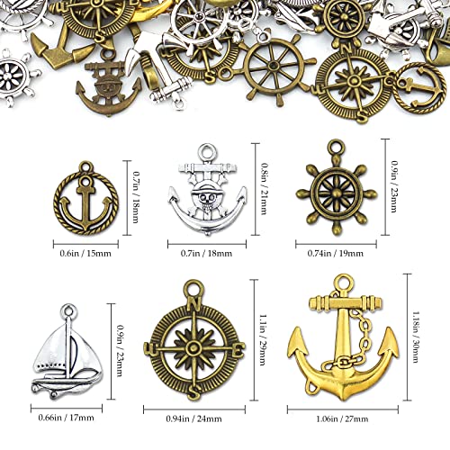 JIALEEY Nautical Anchor Rudder Helm Compass Charms, 100 Grams Mixed Ship Anchor Wheel Pendants Beads Charms for DIY Necklace Bracelet Jewelry Making Accessories