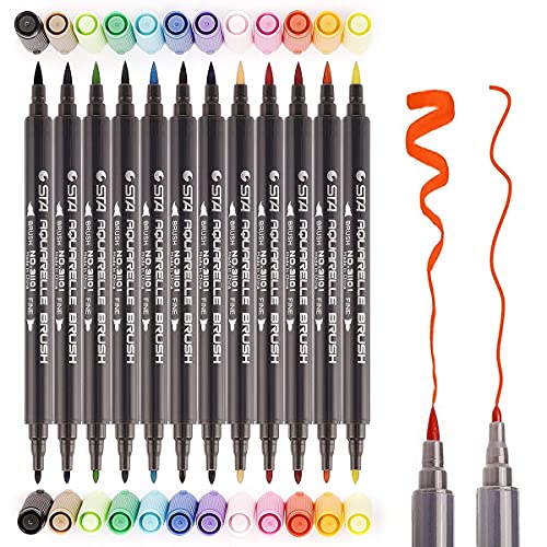 PuTwo Dual Brush Pens in 12 Colors Brush Markers Paint Markers Paint Pens Watercolor Paint Calligraphy Pens Watercolor Markers for Adults Coloring Book Note Taking Writing Planning Art Project