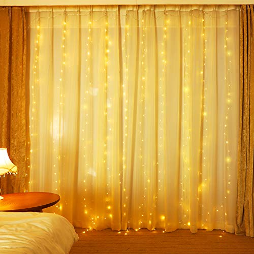 MESHA 300LED Curtain Lights for Bedroom, 9.8 X 9.8ft Warm Fairy Lights Indoor, 8 Modes String Lights with Remote, USB Twinkle Lights Outdoor Hanging Lights Indoor for Bedroom,Wedding,Christmas,Party