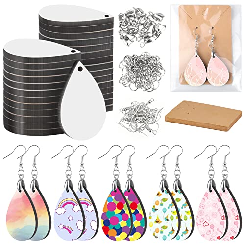 FEPITO 30 Pcs Sublimation Blank Earrings Unfinished Teardrop Heat Transfer Sublimation Printing Earrings with Earring Hooks Jump Rings and Earring Cards for DIY Earring Jewelry Making Supplies