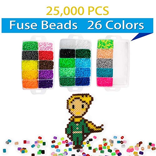 Fuse Beads, 25,000 pcs Fuse Beads Kit 26 Colors 5MM, Including 127 Patterns, 4 Big Square Pegboards, 1 Heart Pegboards, 1 Flower Pegboards, Ironing Paper, Tweezers, Beads Compatible by INSCRAFT