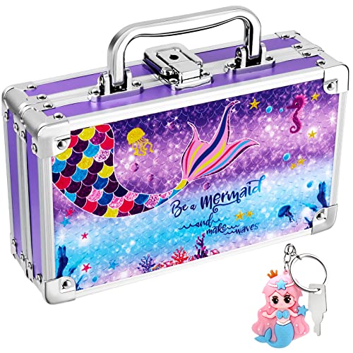 JYPS Mermaid Pencil Box for Girls Boys Kids, Lock Box for School with Portable Handle and Mermaid Keychain, Purple Pencil Box, Back to School Mermaid Gifts for Kids