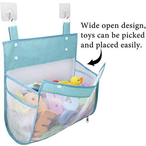 Bath Toy Organizer Multiple Ways to Hang, Extra Large Opening Bathroom Toy Holder, Bottom Zipper Bathtub Toy Storage Bag (Blue)