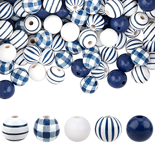 150 Pcs Blue Wooden Beads Farmhouse Stripe Plaid Wood Beads 16mm Hand Polished Spacer Beads for Christmas Decoration Ocean Home Ornaments DIY Craft Garland