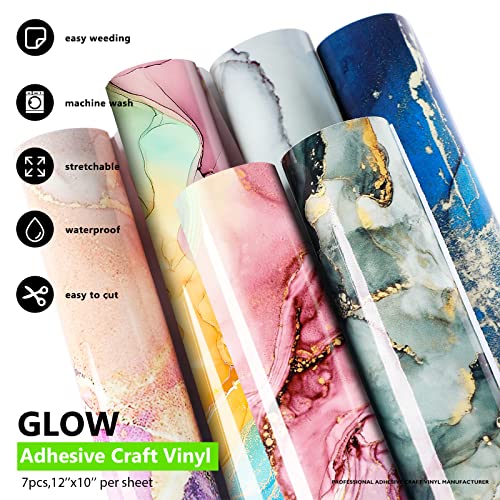 Glitter Marble Permanent Vinyl Glow in Dark Color Changing Vinyl Permanent Adhesive, Cysincos 6 Sheets Assorted Color Self Adhesive Vinyl, 12 x 10 Inch Glitter Iron on Vinyl for DIY Craft Scrapbooking