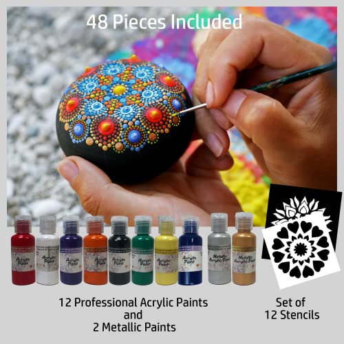 Mandala Painting Kit - Art & Craft Kit with Paints for Teens & Adults - 48 Piece Acrylic & Metallic Paint Kit - Including Gloss Sealer & Stencils – Dotting Tools - Indoor & Outdoor Painting