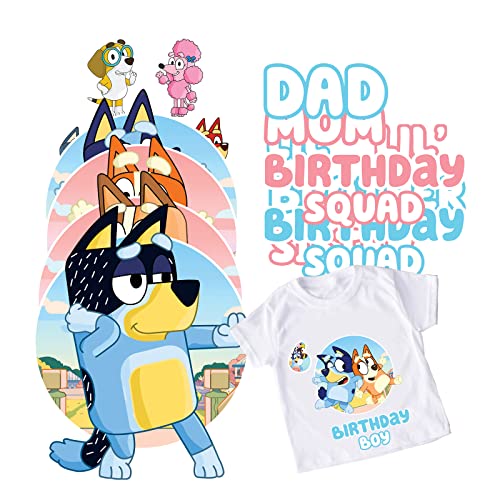 Birthday Iron on Transfer for Family Members Shirts - Blue Dog Print Matching Tees Shirt Silhouette Heat Decal Vinyl Patches Applique for Birthday Party Clothing Decoration Supplies Boy Girl