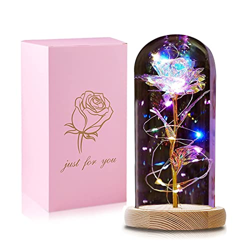 QUNPON Gifts for Women Christmas Birthday Flowers Gifts for Mom Gifts for Women,Rose Gifts for Her,Women Gifts for Grandma Valentines,Rainbow Galaxy Glass Rose Flower in A Glass Dome