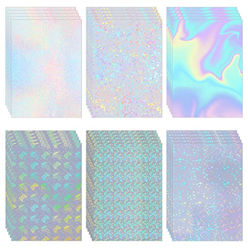 30 Sheets 6 Styles Transparent Holographic Overlay Holographic Vinyl Overlay Clear Holographic Laminate Sheets Adhesive Laminated Film Glossy Craft Sheet for Stickers, A4 Size, 8.3 x 11.7 Inches