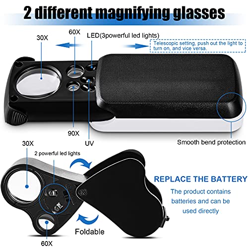 Gunoff 3 Pieces Jewelry Loupe 30X 60X 90X Illuminated Magnifier Jewelers Eye Loupe Foldable Jewelry Pocket Magnifying Glass Loop with UV Black Light LED Light for Gems Coins Stamps Plants Watch Rock