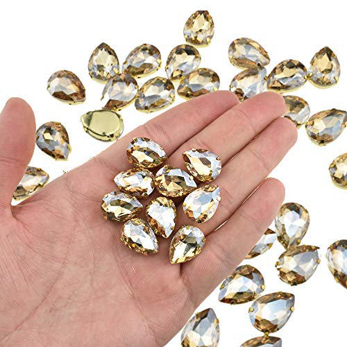 Hahiyo 13x18mm Sew On Rhinestones Claws Base High Transparent Glass Crystal Gems Metal Back Prong Setting Easy Glue Tear Drop 48 Pieces Multi-Function for Jewelry Gift Dress Arts Crafts Decorate