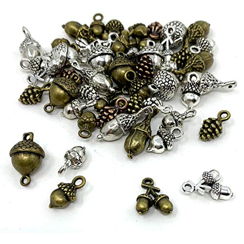 Pine Cone Acorn Charms Collection - JIALEEY Mixed Tibetan Style Alloy Pinecone Pendants Nature Nuts Charm for Jewelry Making Accessory 50pcs(100g)