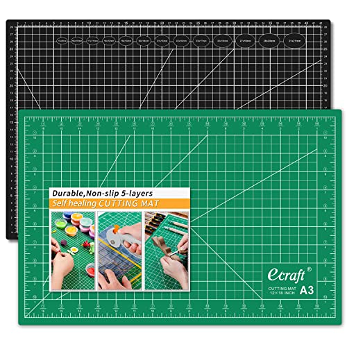 Ecraft Self Healing Cutting Mat: 12" x 18"(A3) Double Sided 5-Ply Fabric Cutting Mat for Sewing, Quilting, Scrapbooking And All Arts &Craft Projects Gridded Rotary Cutting Board Mats,Green/Black