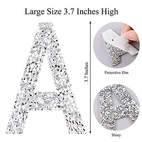 26 Pieces Large Glitter Rhinestone Alphabet Iron on Stickers Silver Crystal Letter Stickers Iron-on Rhinestone Letter for Clothing Jeans Caps Shoes Bags DIY Decorations (3.7 Inch)