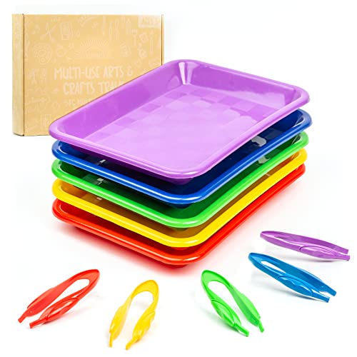 Activity Plastic Trays - Arts and Crafts Organizers with Sorting Tweezers, Art Tray for Kindergarten Learning Activities, Art Supplies Storage, Painting, Serving (Set of 5) by BOHEMEE