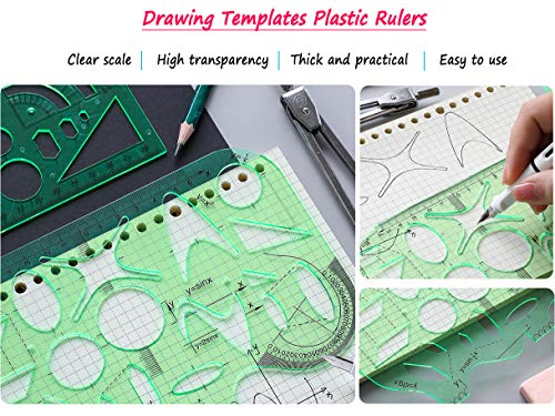 KESAPLAN 9 PCS Drawing Templates Plastic Rulers Multi-Function Measuring Rulers with French Curve Ruler,Geometric Drawings Templates Rulers Tool Set for Studying Designing and Building