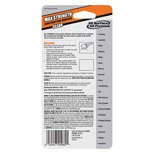 Gorilla Max Strength Clear Construction Adhesive, 2.5 Ounce Squeeze Tube, Clear, (Pack of 2)