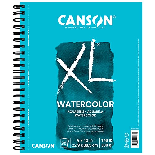 Canson XL Series Watercolor Textured Paper, Use with Paint Pencil Ink Charcoal Pastel and Acrylic, Side Wire Bound, 140 Pound, 9 x 12 Inch, 30 Sheets