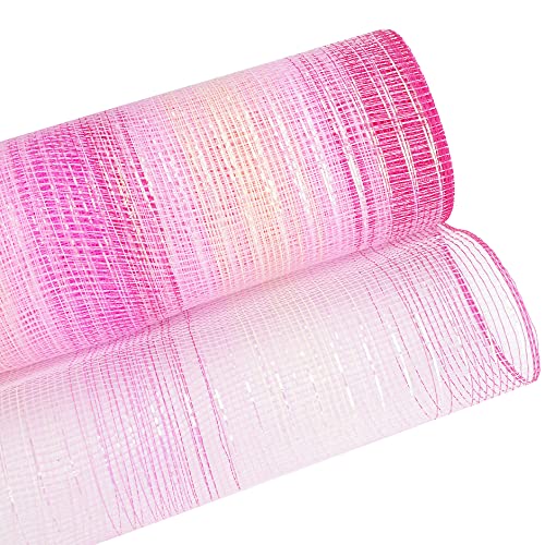 MEEDEE Pink Deco Mesh 10 Inch Pink and Cream Iridescent Ombré Mesh Ribbon Pink Mesh Ribbon for Christmas Tree Metallic Mesh Ribbon for Baby Shower It's A Girl Pink Wreath Staircase Swag (30 Feet)