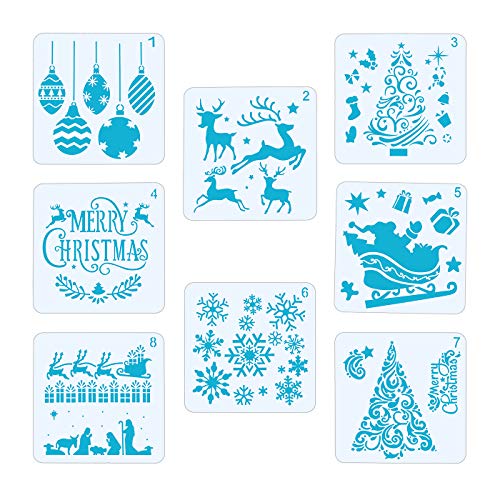 8 Pcs Christmas Stencils Template Reusable Plastic DIY Christmas Decoration For Craft Art Drawing Painting Spraying Window Glass Body Journaling Scrapbook Holiday 5x5 inch