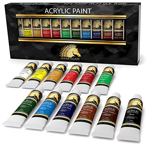 MyArtscape Acrylic Paint Set - 12 x 21ml tubes - Lightfast - Heavy Body - Rich Pigments - Great Tinting Strength - Acrylic Painting Supplies for Artists and Beginners - Premium Quality Paints