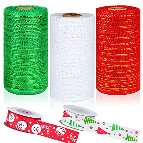 ELECLAND Christmas Ribbon for Crafts, 6in Poly Mesh Ribbon for Wreath 90ft Metallic Foil Red/Green/White Mesh Rolls for Christmas Decorations ChristmasWreath DIY Craft Supplies