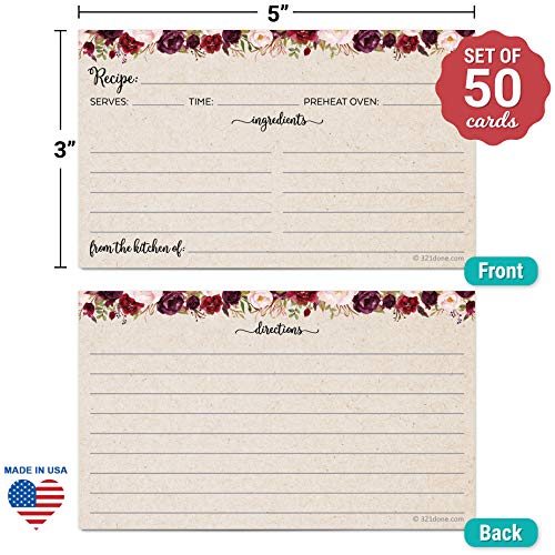 321Done Recipe Cards (Set of 50) Small Floral 3" x 5" - Double-Sided for Weddings, Bridal Shower - Made in USA - Watercolor Red Roses, Rustic Tan From the Kitchen Of